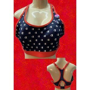 Champion XL Navy-Red Logo Print High Impact Mesh Wicking Racerback Sports Bra